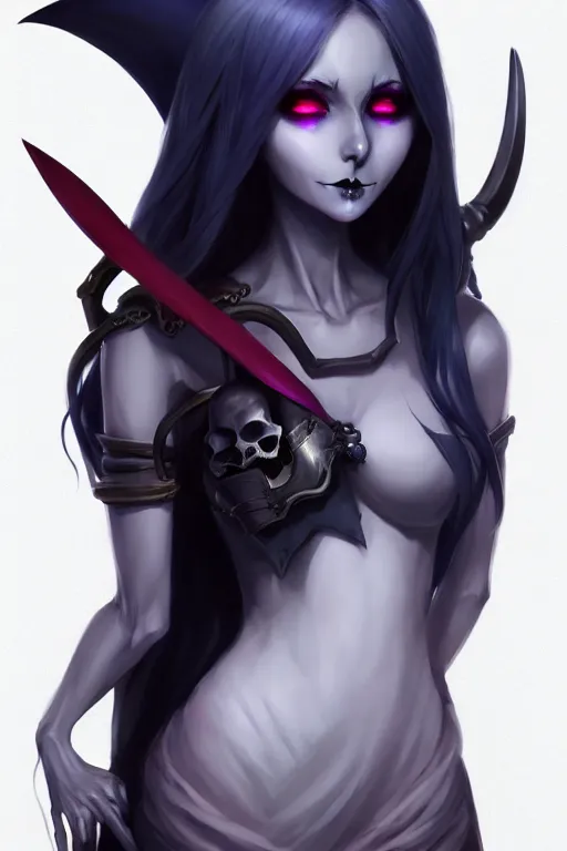 Image similar to Full body character concept art of an anime female Drow necromancer, skull scythe, pretty face, long dark hair, by Stanley Artgerm Lau, WLOP, Rossdraws, James Jean, Andrei Riabovitchev, Marc Simonetti, and Sakimichan, tranding on artstation