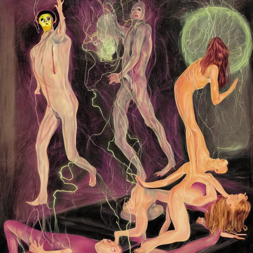 Image similar to One man and one woman attached by love in a living room of a house, floating dark energy surrounds the middle of the room. There is one living room plant to the side of the room, surrounded by a background of dark cyber mystic alchemical transmutation heavenless realm, cover artwork by francis bacon and Jenny seville and martine johanna, midnight hour, part by adrian ghenie, part by jeffrey smith, part by josan gonzales, part by norman rockwell, part by phil hale, part by kim dorland, palette knife texture, smudged paint, muted cold colors, artstation, highly detailed