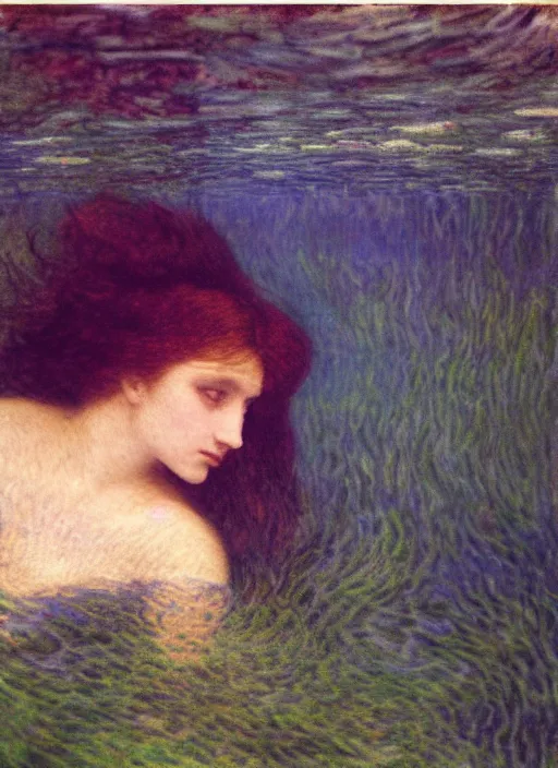 Image similar to lady laying under the sea on the seabed amongst the weeds, underwater shot, submerged, medium shot, on the bed of the river preraphaelite colour photography by rosetti and monet, 8 k