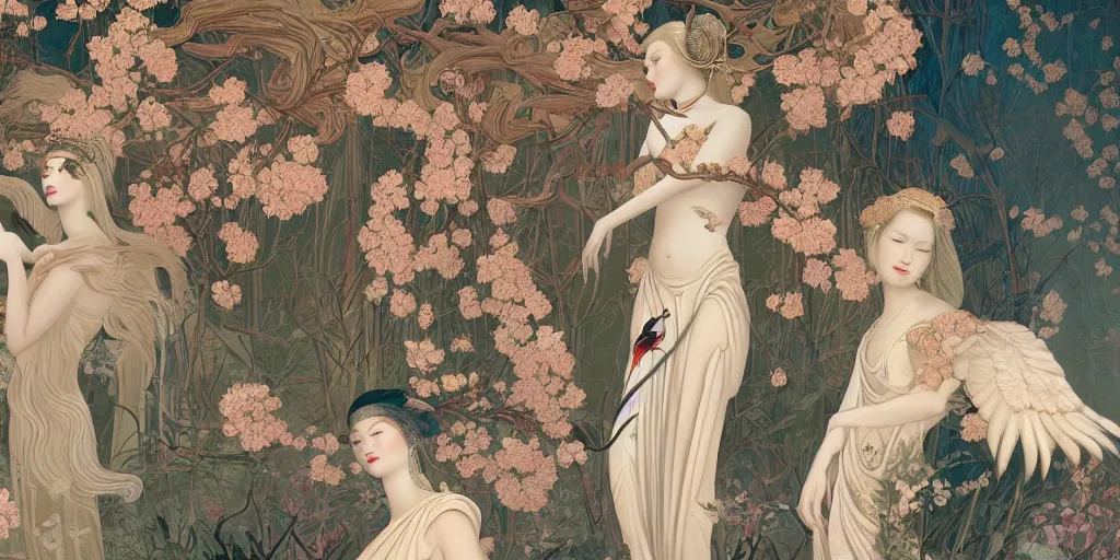 Prompt: breathtaking detailed concept art painting art deco pattern of blonde faces goddesses with blend of flowers and birds, by hsiao - ron cheng and john james audubon, bizarre compositions, exquisite detail, extremely moody lighting, 8 k