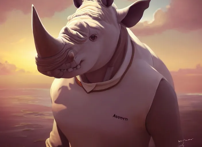 Image similar to character portrait feature of the anthro male anthropomorphic white rhino fursona wearing airline pilot outfit uniform professional pilot character design stylized by charlie bowater, ross tran, artgerm, and makoto shinkai, detailed, soft lighting, rendered in octane, maldives in background