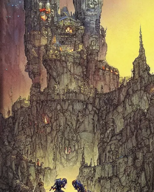 Image similar to beautiful comic book art of a fantasy castle by alan lee and simon bisley, robots in the background by simon stalenhag and jack kirby