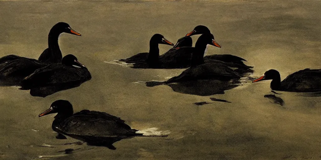 Prompt: black swans all mixed together in the dark waters. by andrew wyeth, john dollman and nicola samori