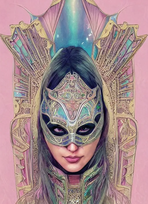 Prompt: “ gal gadot as adorable woman wear beautiful intricate mask, pastel color, iridescent, highly detailed, tarot card featured on artstation, cgsociety, artgerm, clear symmetrical face, by moebius, kelly mckernan, skeeva and tom bagshaw, 8 k, intricate details, fantasy, character design, concept art ”