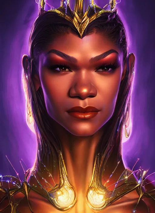 Prompt: zendaya as skrull queen, intricate, elegant, glowing lights, highly detailed, digital painting, artstation, glamor pose, concept art, smooth, sharp focus, illustration, art by artgerm and greg rutkowski, artey freytag