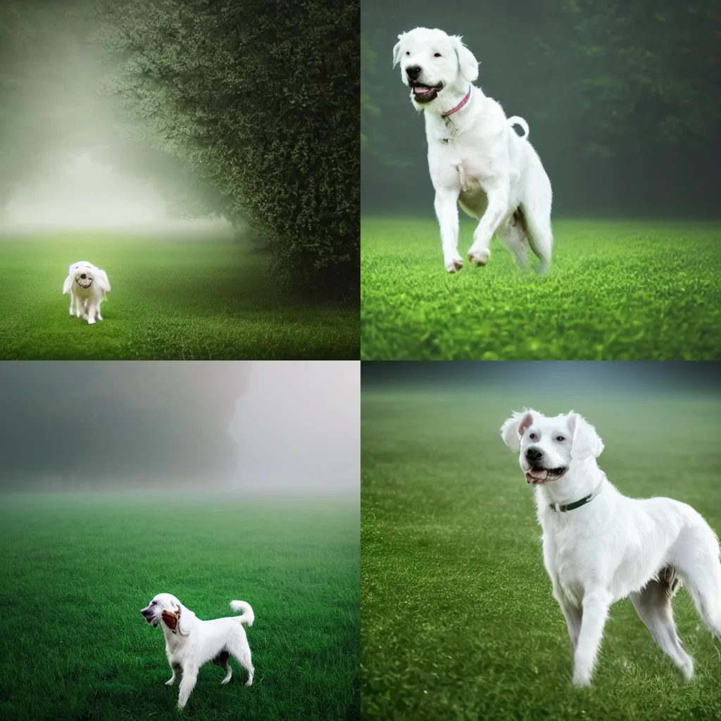 Prompt: a white dog walking across a lush green field, a stock photo by frieke janssens, featured on pexels, magical realism, creative commons attribution, shallow depth of field, made of mist