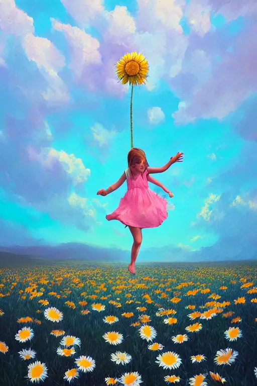 Prompt: giant daisies flower as head, girl jumping in a flower field, surreal photography, sunrise, dramatic light, impressionist painting, colorful clouds, digital painting, artstation, simon stalenhag
