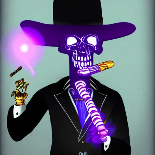 Image similar to a skeleton wearing a business suit with light purple lines on it and smoking a glowing purple cigar with glowing eyes, digital painting, portrait