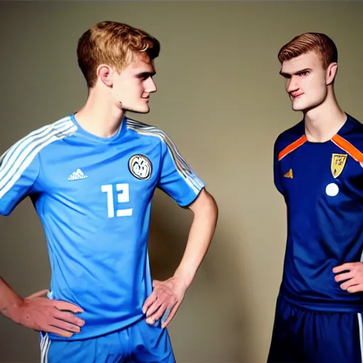 Image similar to a realistic detailed photo of a guy who is an attractive humanoid who is half robot and half humanoid, who is a male android, soccer players martin ødegaard & timo werner, shiny skin, posing like a statue, blank stare, in a living room, on display, showing off his muscles, gold soccer shorts, side view, repairing the other one