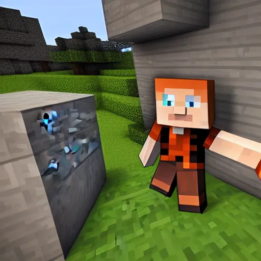 Image similar to minecraft steve breaking into a house with a diamond pickaxe