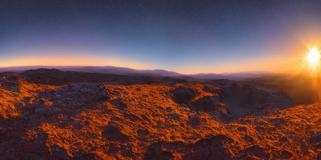 Image similar to sunrise on Callisto, cinematic lighting, wide angle landscape photography, hyperrealistic, 8k