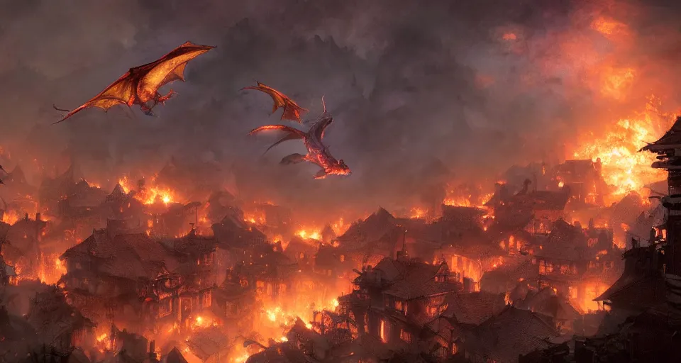 Prompt: book illustration of flying dragon above the village. Burning houses dragon fire breath. Atmospheric beautiful by Eddie mendoza and Craig Mullins. volumetric lights