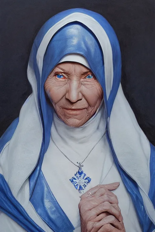 Image similar to Mother Theresa as a heroine in blue&white leather, intricate, elegant, highly detailed, centered, digital painting, artstation, concept art, smooth, sharp focus, illustration, art by artgerm and donato giancola and Joseph Christian Leyendecker, Ross Tran, WLOP