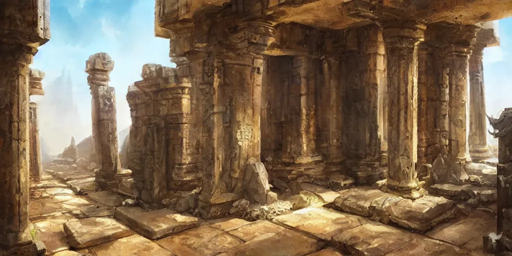 Prompt: deadly traps, ancient temple, pillars, tomb raidar, indiana jones, altar, traps, from inside a temple, temple run, painted by greg rutkowski