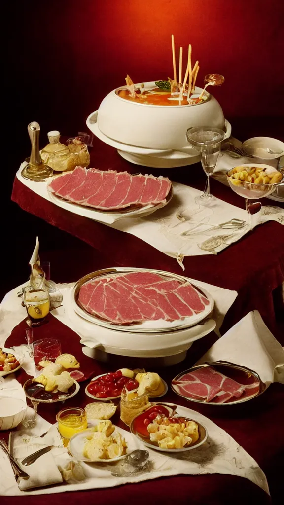 Image similar to vintage 7 0 s food photography of an opulent spread of ham fondue, on a velvet table cloth, dramatic diffused lighting