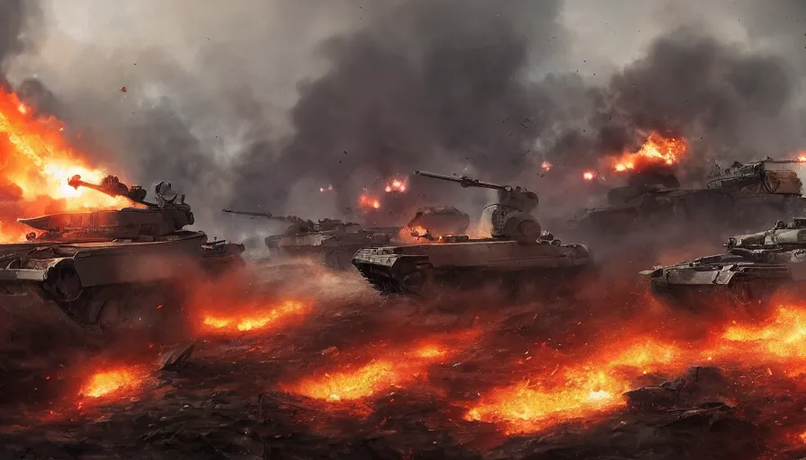 Image similar to Tanks battle in a village and a plain during World War 2 with explosions, fire and smoke columns, hyperdetailed, artstation, cgsociety, 8k