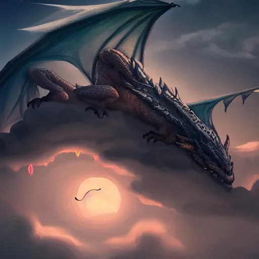 Image similar to a photo of a dragon sleeping on dark cloud, trending on artstation