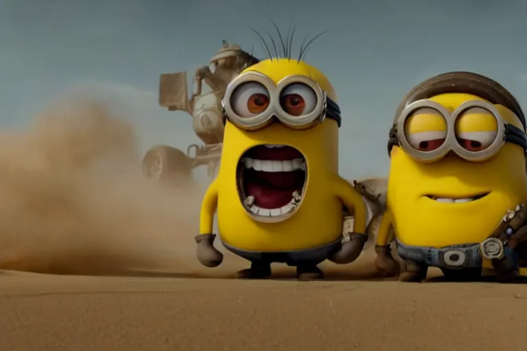 Image similar to a Minions vs super Mario , yellow and red, mechabot, in the Movie Mad Max: Fury Road 2015, epic sandstorm battle, action