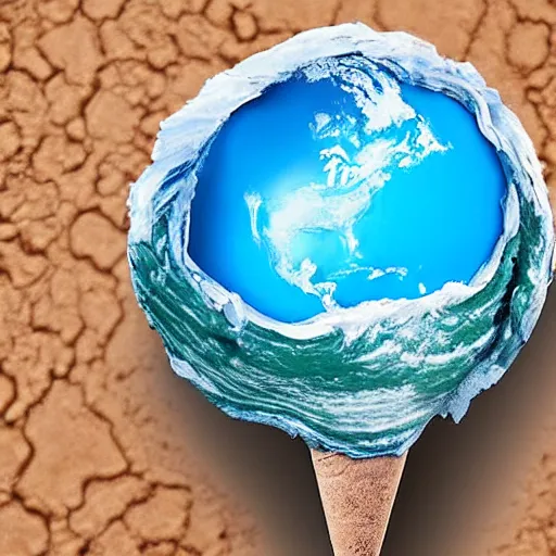 Image similar to earth made of ice cream, in a cone, which is melting under the heat