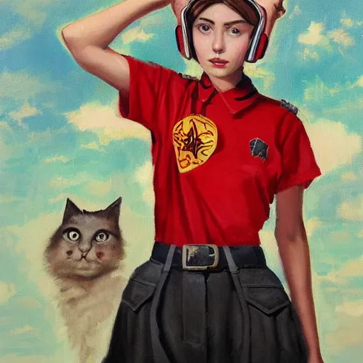 Image similar to oil paining of twentytwo year old female character with cat ears wearing soviet era uniform, wearing a tshirt with a face of karl marx on it, in the style of krenz cushart