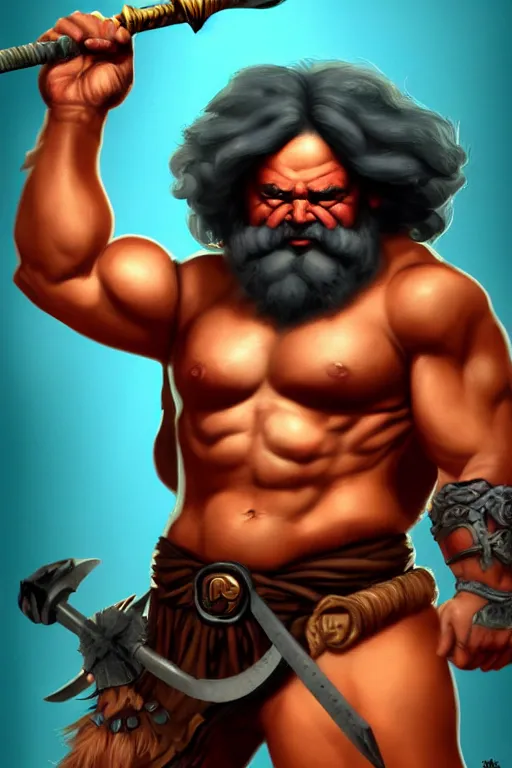 Prompt: character portrait of buff barbarian karl marx with a tattoo of an eye on the forehead, dungeons and dragons artwork, dynamic composition, dramatic lighting, trending on artstation, award winning art, stylized painting by leonardo da vinci, raphael and richard corben, concept art, 4 k, 8 k, gold and teal color scheme