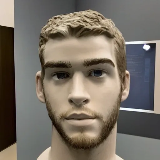 Image similar to “ a realistic detailed photo of a guy who is an attractive humanoid who is half robot and half humanoid, who is a male android, actor liam hemsworth, shiny skin, posing like a statue, blank stare, at the museum, on display ”