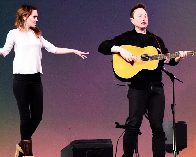 Image similar to elon musk & emma watson performing at woodstock