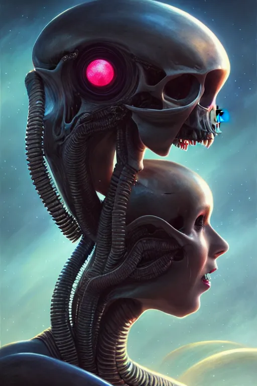 Prompt: a skull alien chase a girl on alien planet by karol bak, james jean, tom bagshaw, rococo, sharp focus, trending on artstation, cinematic lighting, hyper realism, octane render, 8 k, hyper detailed, vivid, ultra detailed, highly detailed