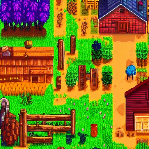 Prompt: the perfect farm in stardew valley, detailed, trending, digital art on artstation