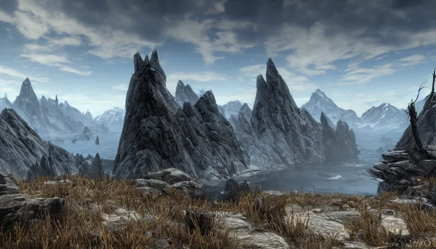 Prompt: skyrim throat of the world mountain in the distance, skyrim, elder scrolls, landscape photography, professional photography, 8k realism, hyper realism, wide shot