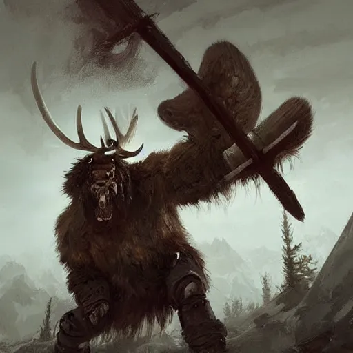 Image similar to hairy barbarian with moose helmet by greg rutkowski