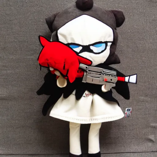 Image similar to cute angry fumo plush with a handgun, firearm, anime girl pointing gun