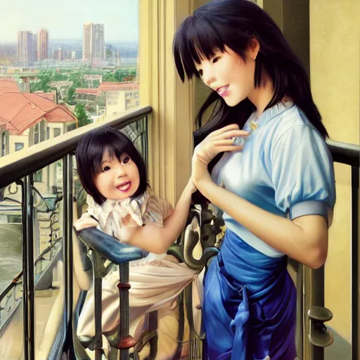 Prompt: Kotomi Ichinose Playing with her daughter on the balcony, professional modeling, looking down on the camera, detailed, centered, digital painting, artstation, concept art, donato giancola, Joseph Christian Leyendecker, WLOP, Boris Vallejo, Breathtaking, 8k resolution, extremely detailed, beautiful, establishing shot, artistic, hyperrealistic, beautiful face, octane render, cinematic lighting, dramatic lighting, masterpiece