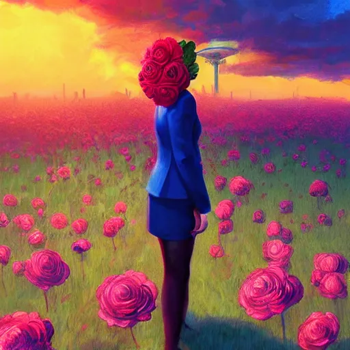 Image similar to closeup, giant rose flower head, frontal, girl in a suit, surreal photography, sunrise, blue sky, dramatic light, impressionist painting, digital painting, artstation, simon stalenhag