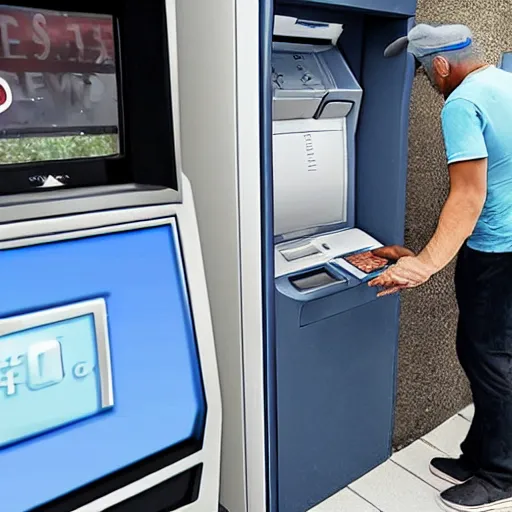 Prompt: man withdrawing a stack of fish from an atm, realistic