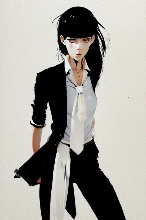 Image similar to a ultradetailed beautiful panting of a stylish woman, she is wearing a white shirt with a tie and black pants, by conrad roset, greg rutkowski and makoto shinkai trending on artstation