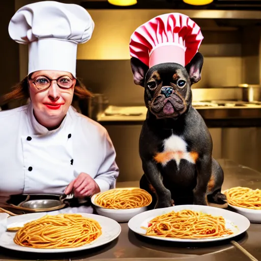 Image similar to a 8k highly detailed still photo by David Bailey of Two multi-colored French Bulldogs in chef hats and aprons starring on a cooking show, a plate of spaghetti is prepared, a high end restaurant kitchen in the background, bokeh
