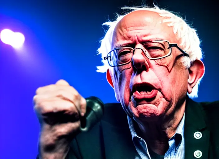 Image similar to publicity photo still of bernie sanders in a punk band playing live on stage, 8 k, live concert lighting, mid shot