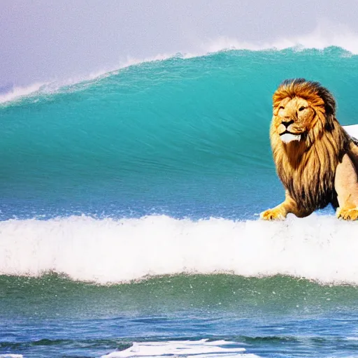 A lion on a surfboard riding a wave in the ocean, Stable Diffusion OpenArt