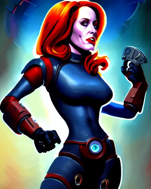 Image similar to dana scully as queen machine, cyborg supervillain, villainess, pulp femme fatale, comic cover painting, masterpiece artstation. 8 k, sharp high quality artwork in style of wayne reynolds and don bluth, concept art by jack kirby, blizzard warcraft artwork, hearthstone card game artwork