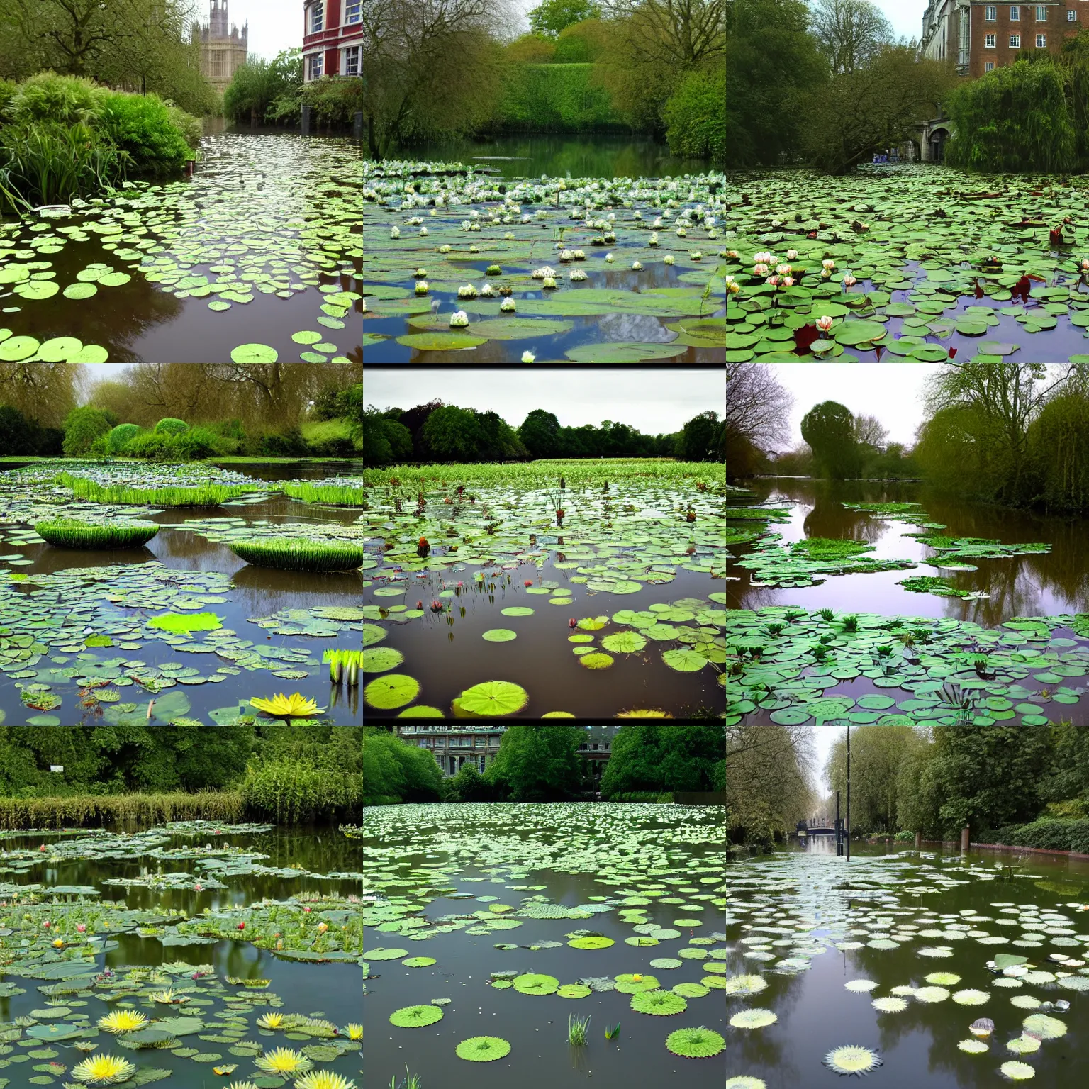 Prompt: london, flooded, overgrown with water lilies