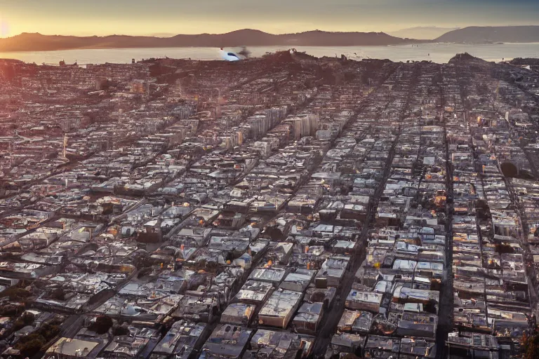 Image similar to aerial view of san francisco post apocalyptic, panoramic photography, golden hour, soft lighting, beautiful photo