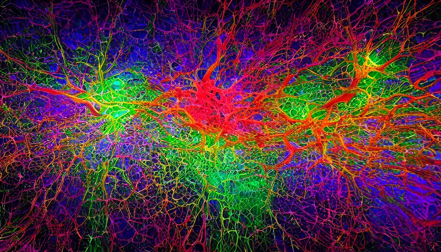 Image similar to Extremely detailed beautiful ultra wide-angle super-resolution microscopy image of micro detailed neurons visible to the horizon, shallow depth of field, photoreal, vivid colors, micro details, chromatic abberation, 8k, 3d sculpture, unreal engine, Dan Mumford