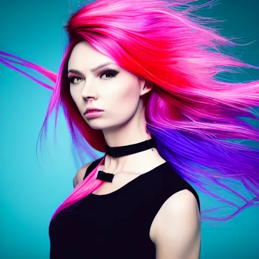 Image similar to a award winning action upper body portrait of a beautiful woman with a ombre purple pink hairstyle with head in motion and hair flying, choker, outrun, vaporware, vivid colors, highly detailed, fine detail, intricate