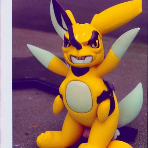 Image similar to 90s vignette photo of female Renamon from Digimon, wearing short denim shorts, standing next to a popular 90s car Polaroid picture, weathered artifacts