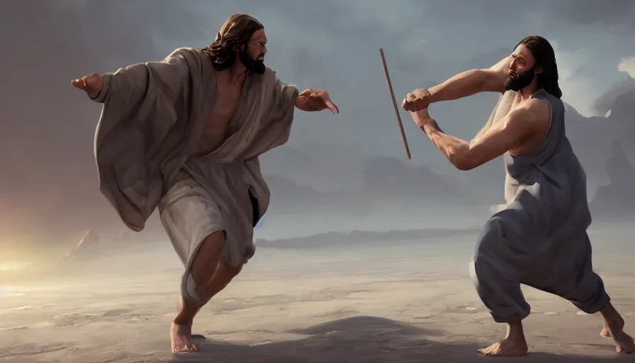 Image similar to a painting of jesus fighting a blind man, hyperrealistic, 8k, unreal engine, artstation, cgsociety