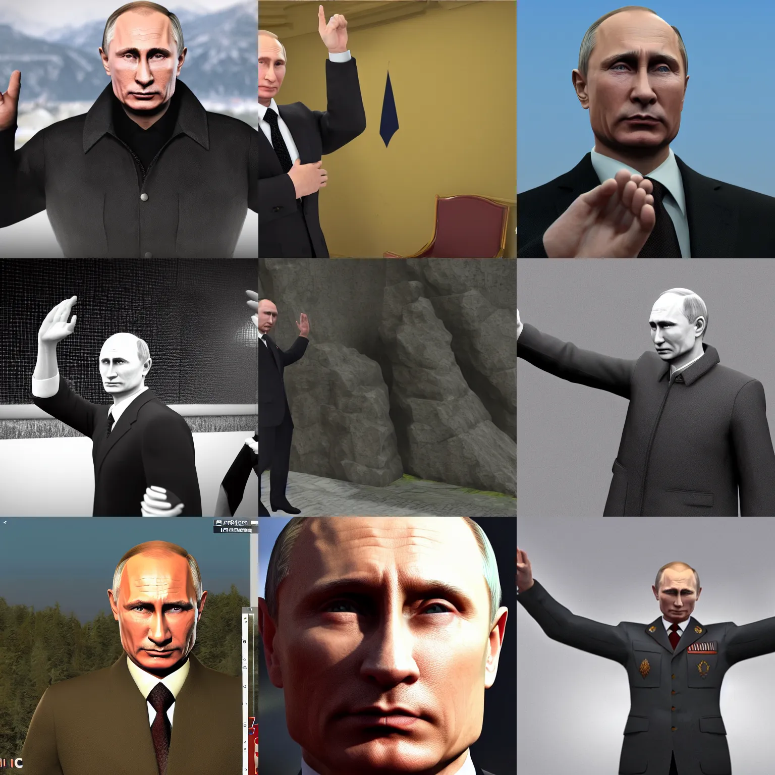 Prompt: vladimir putin doing a nazi salute!!!!!, highly detailed, rtx, unreal engine 5, 8 k, symmetrical face, good quality,