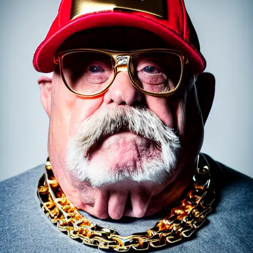 Image similar to dslr portrait photo still of wilfred brimley as a gangsta rapper with gold chains and gold teeth grills, 8 k, 8 5 mm f 1. 8