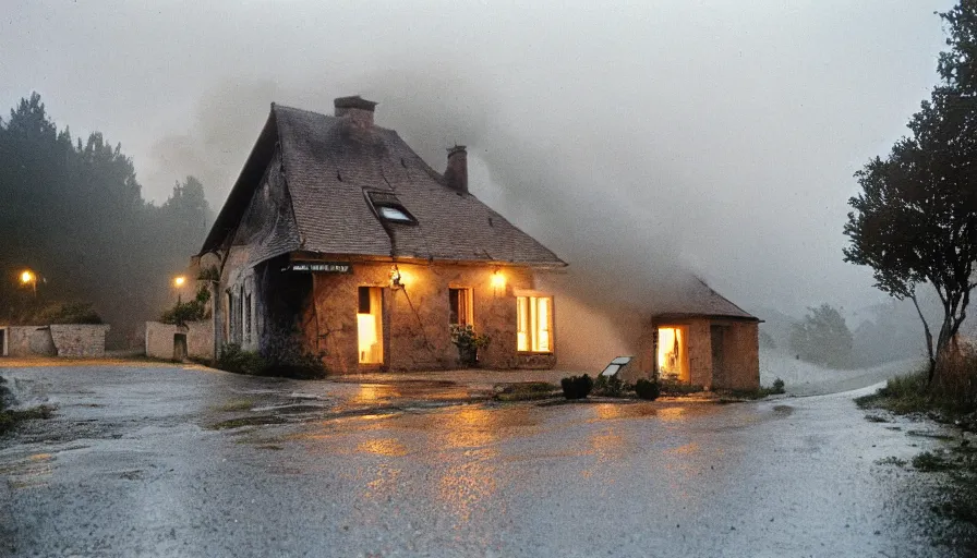 Image similar to 1 9 7 0 s movie still of a heavy burning french style little house in a small north french village by night, rainy, foggy, cinestill 8 0 0 t 3 5 mm, heavy grain, high quality, high detail, dramatic light, anamorphic, flares