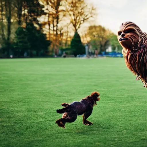 Prompt: chewbacca as a dog chasing a frisbee in the park, action photography, depth of field